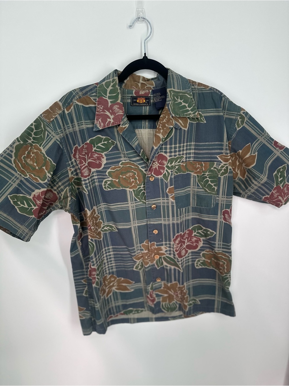 Vtg Route 66 Hawaiian Shirt Mens M Floral Plaid Camp Shirt 90s Y2K Cotton 0342